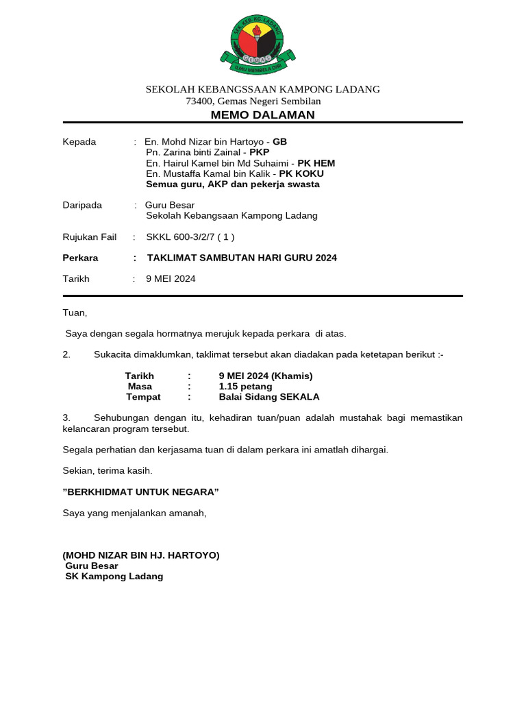 Memo Dalaman Hari Raya 2024 | PDF