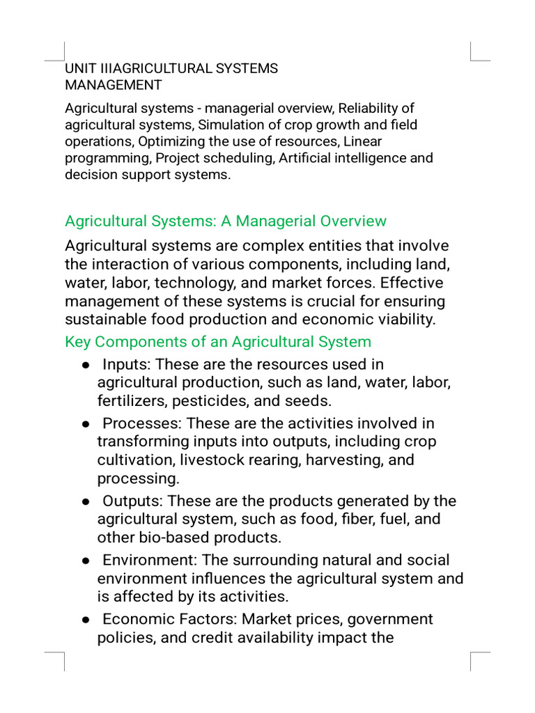 Unit Iii Agricultural Systems Management | PDF