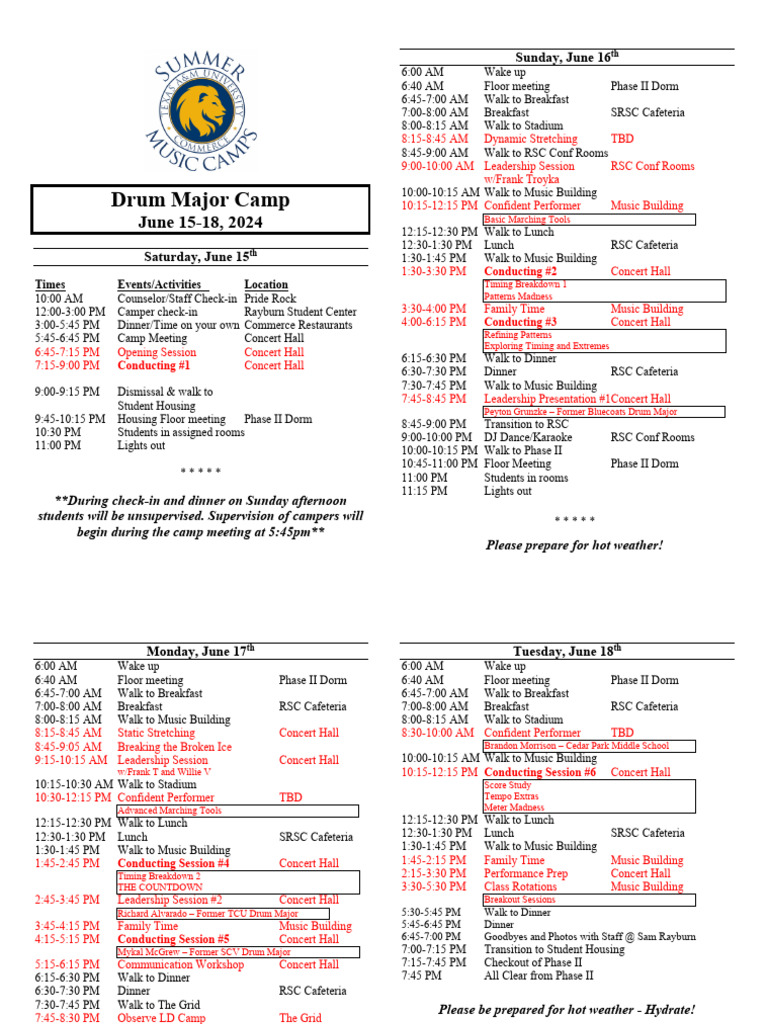 TAMUC Drum Major Camp Schedule 2024 FINAL PDF
