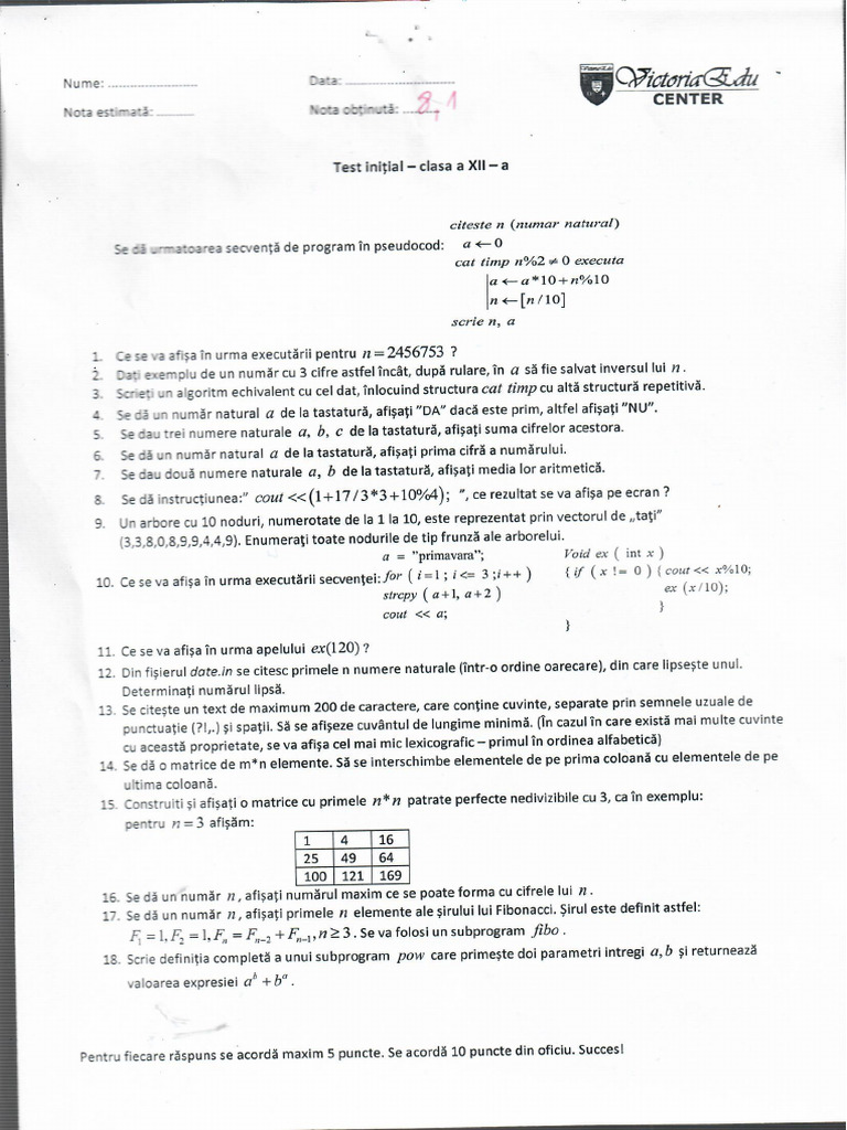 Test de Evaluare Initiala Informatica - Chiuta Mihai Marcel | PDF