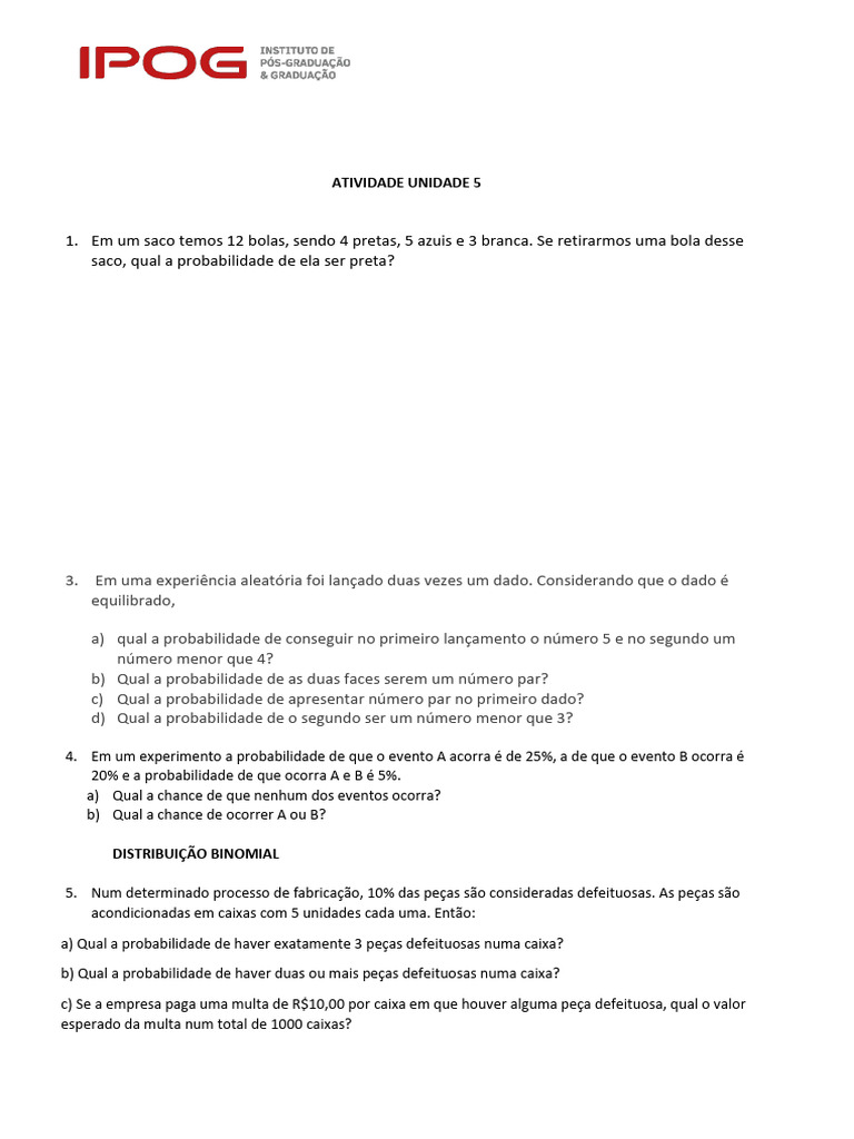 Lista de Exercícios Unidade 5 | PDF