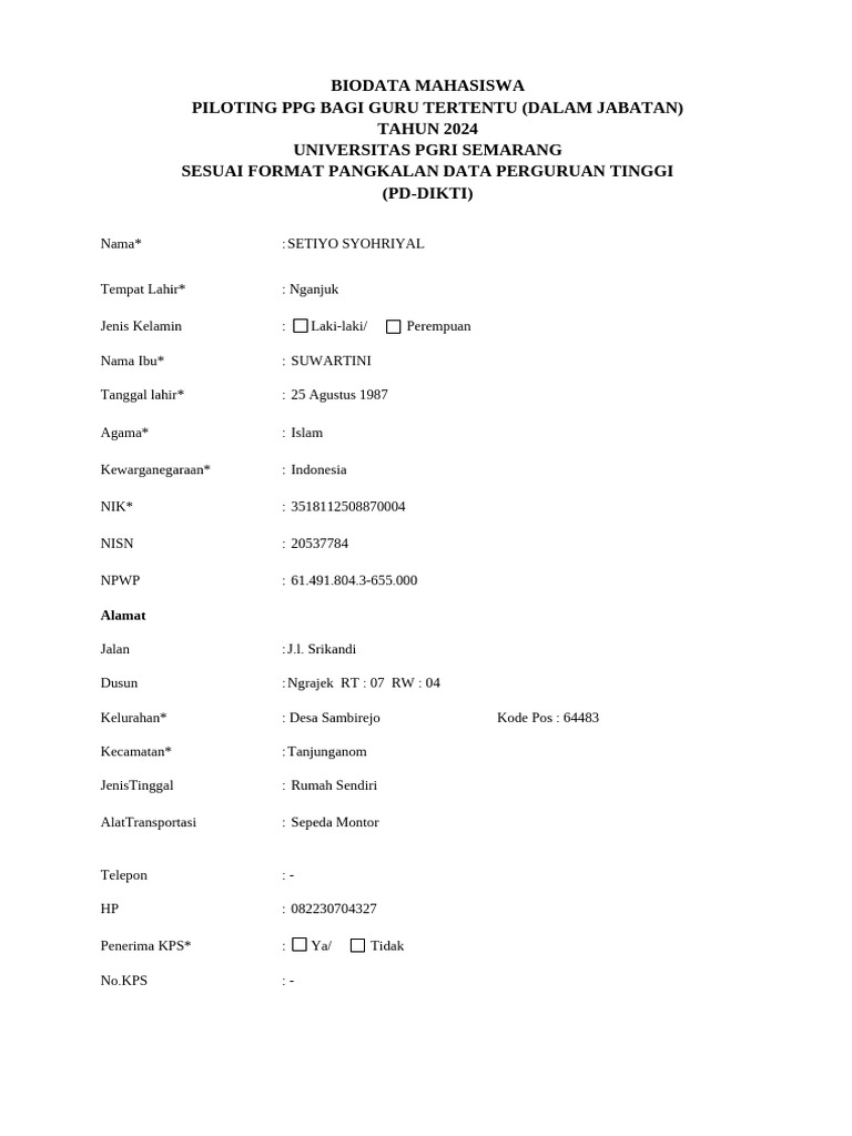Download Format Biodata Mahasiswa Pddikti