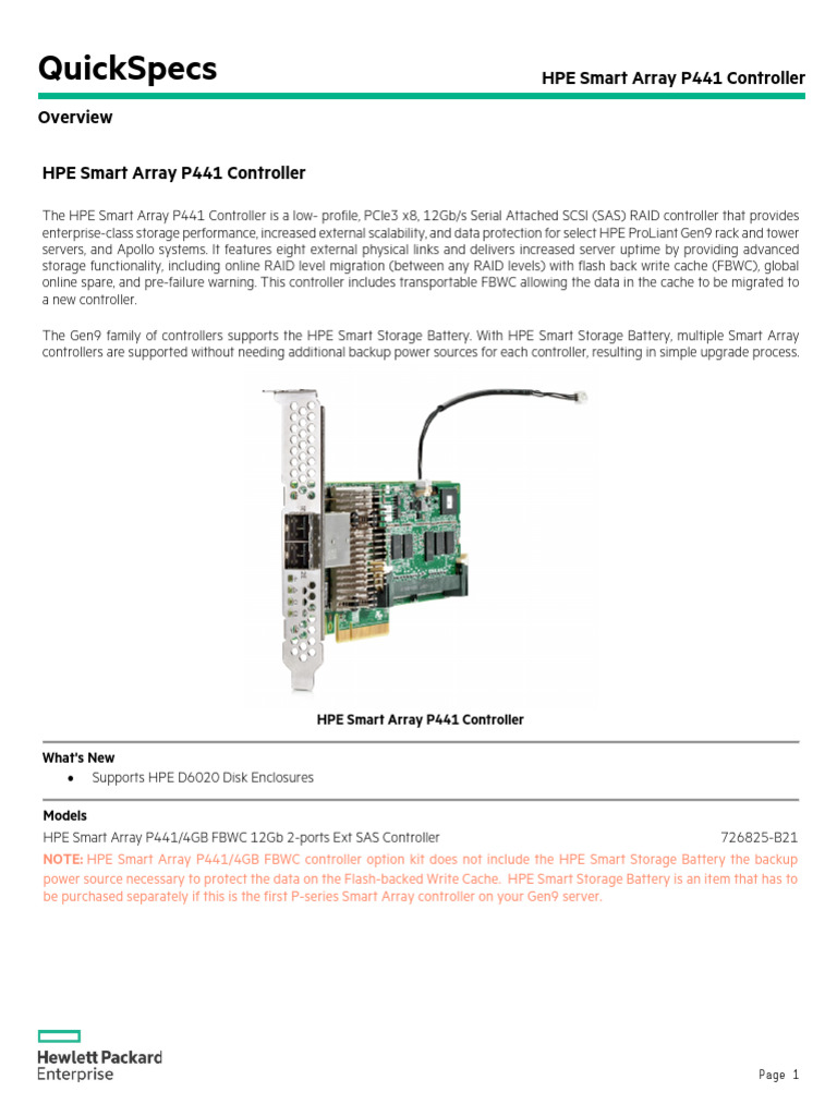 Quickspecs: Hpe Smart Array P441 Controller Hpe Smart Array P441 ...