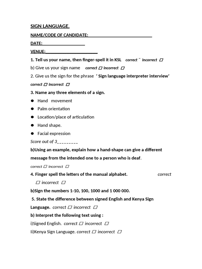 Kenya Sign Language Exam Questions | PDF