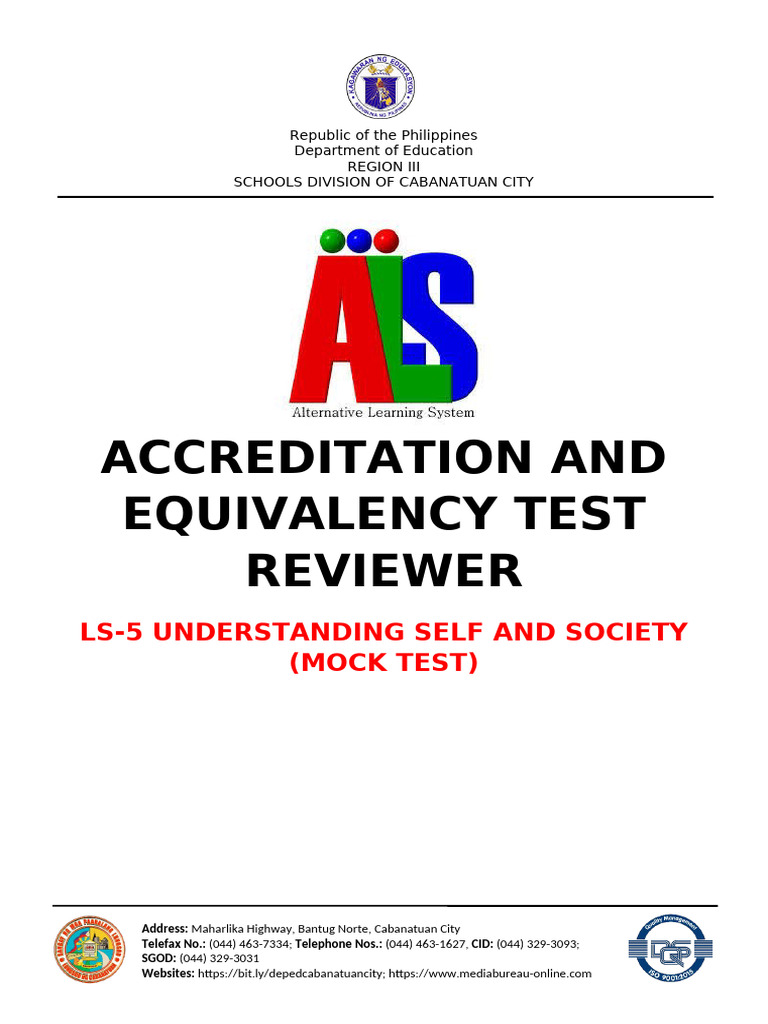 ALS A - E Reviewer Mock Test LS5 Understanding Self and Society1 | PDF