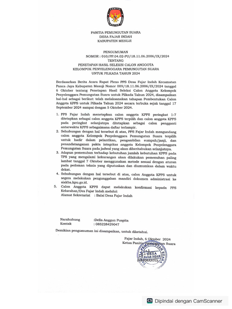 Pengumuman penetapan seleksi kpps fi pdf