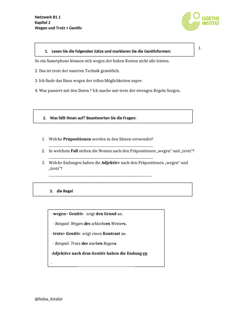 Genitiv Wegen Trotz B1 Arbeitsblatt | PDF