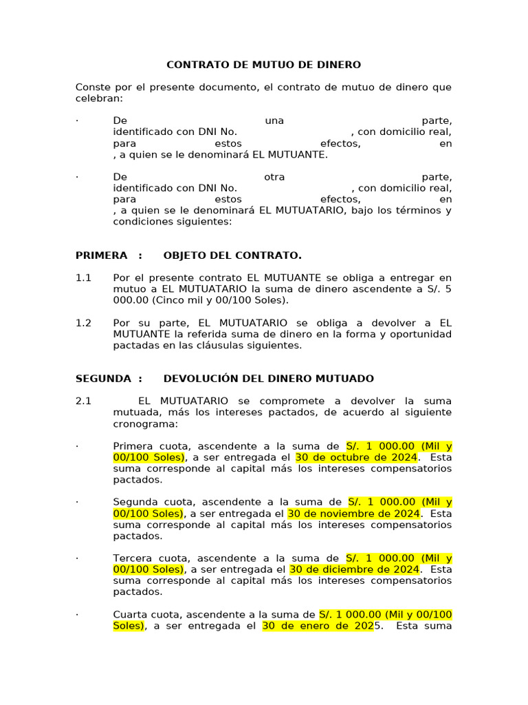 Draft. Contrato de Mutuo. | PDF