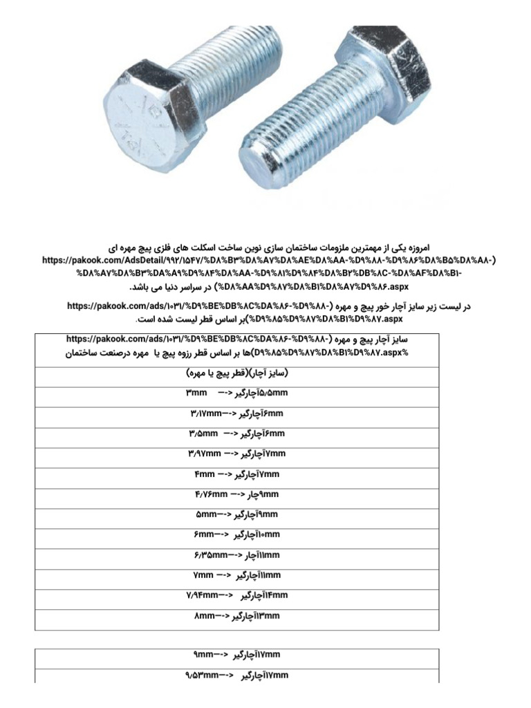 سایز آچار خور پیچ و مهره بر اساس قطر | PDF