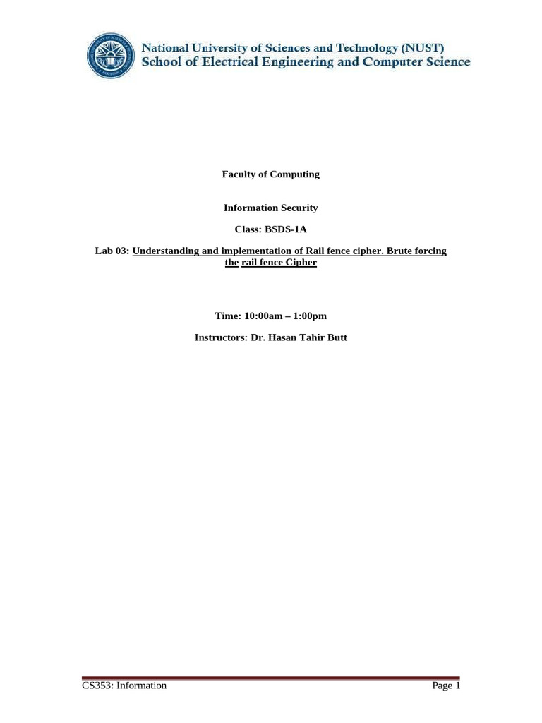 Rail Fence Cipher Implementation Guide | PDF | Encryption | Key ...