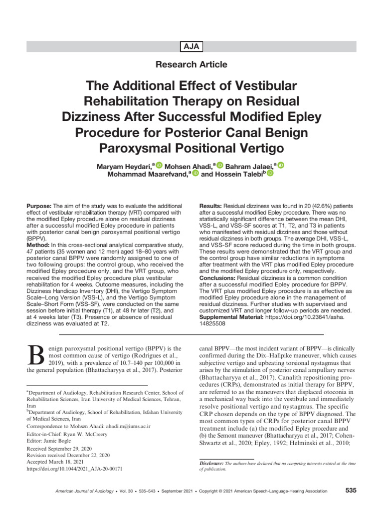 Heydari Et Al 2021 The Additional Effect of Vestibular Rehabilitation ...