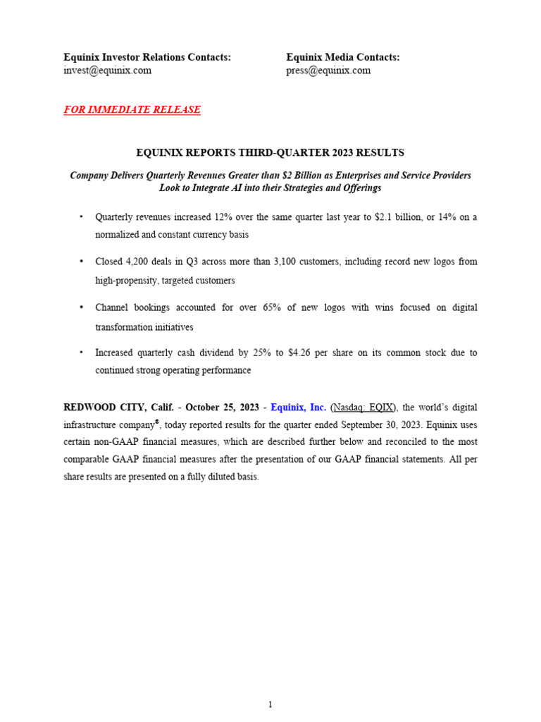 Equinix Q3 2023 Press Release and Financials | PDF