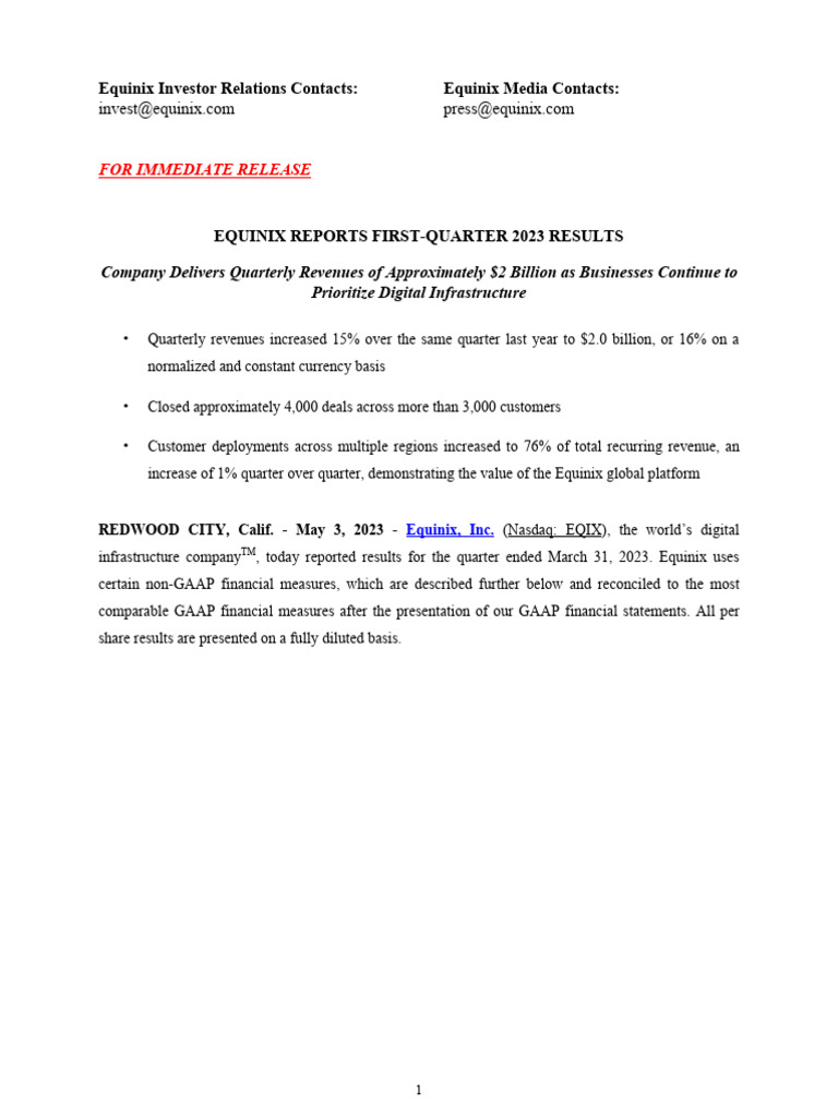 Equinix Q1 2023 Press Release and Financials | PDF