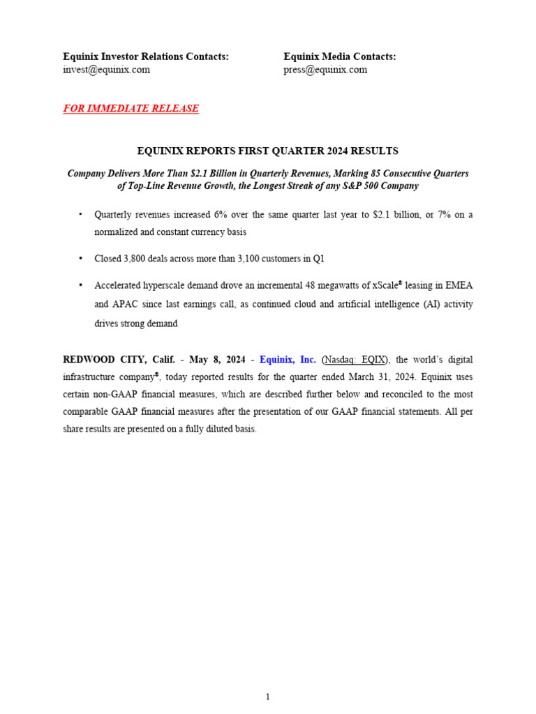 Equinix Q1 2024 Press Release and Financials | PDF