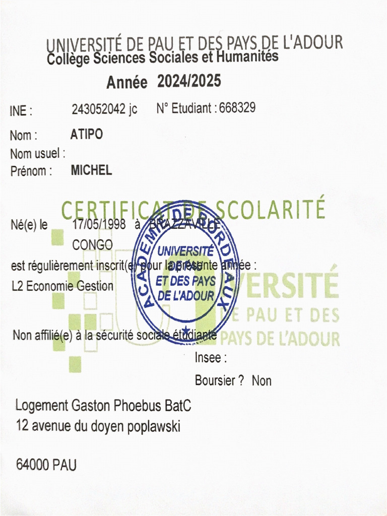 Certificat de Scolarité | PDF