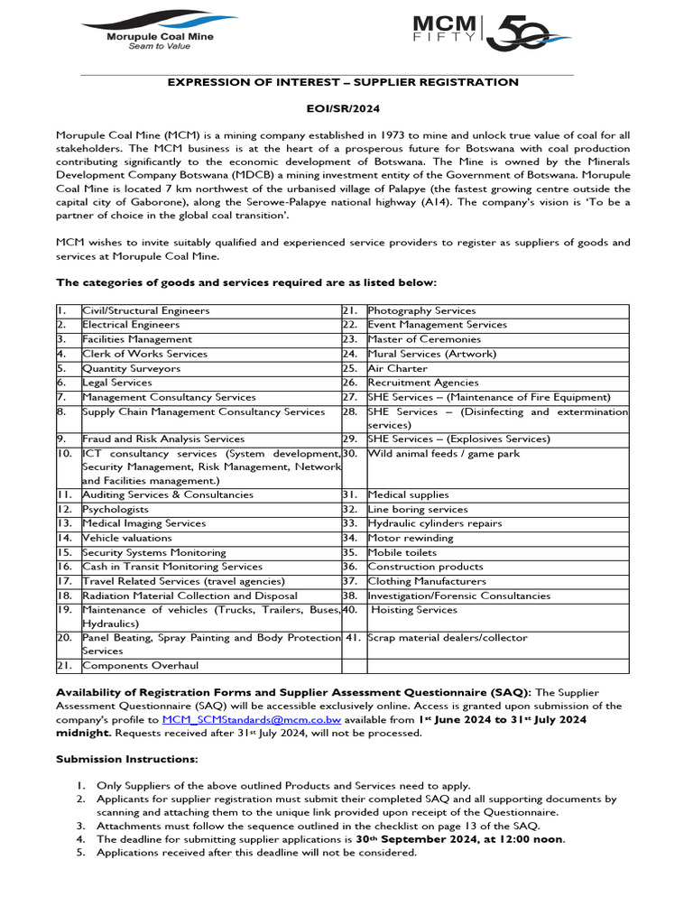 Morupule Coal Mine Supplier Registration | PDF