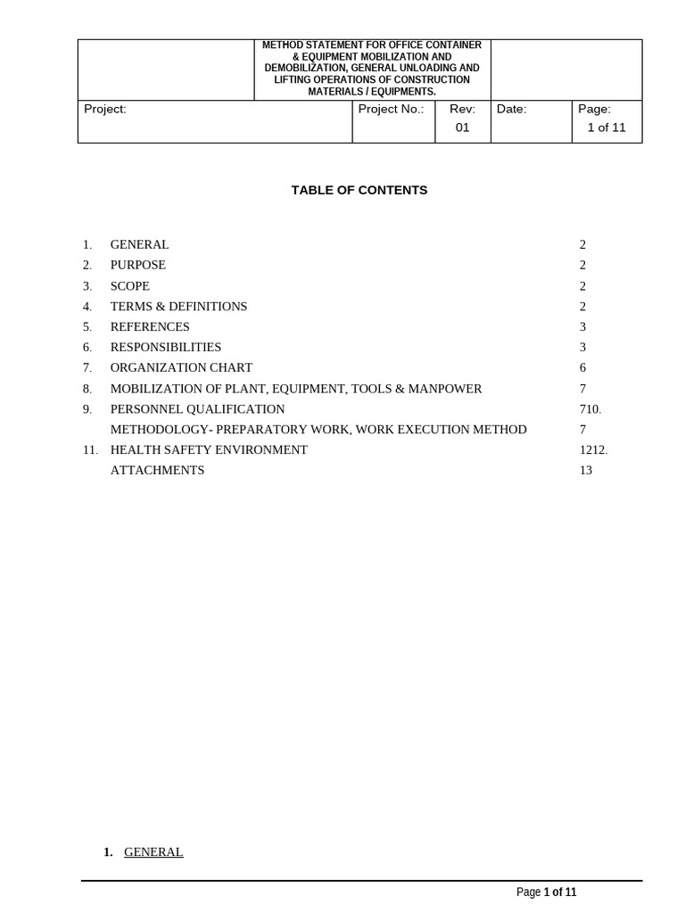 Method Statement For Office Container and Equipment Mobilization | PDF