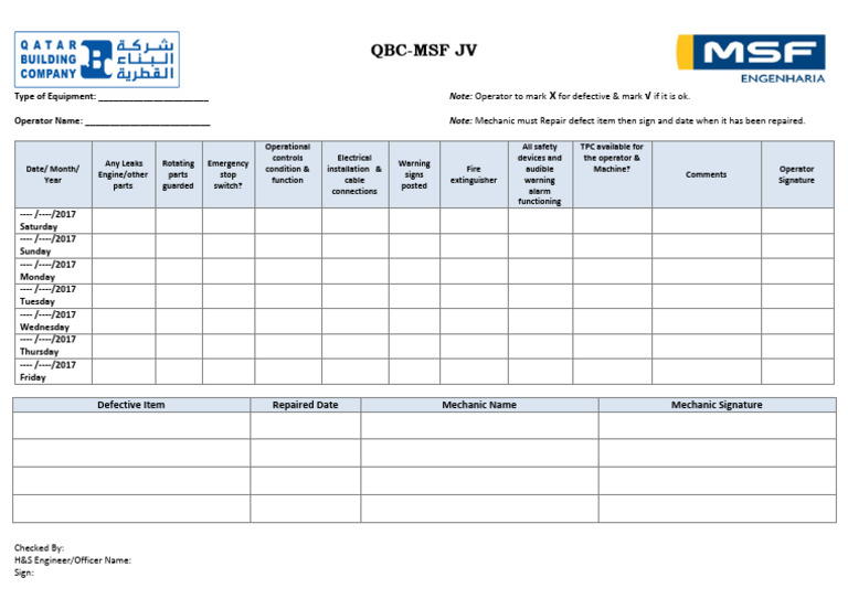 QMJ-HSE-FM-0131Bore Hole Drilling Daily Operator Check List | PDF