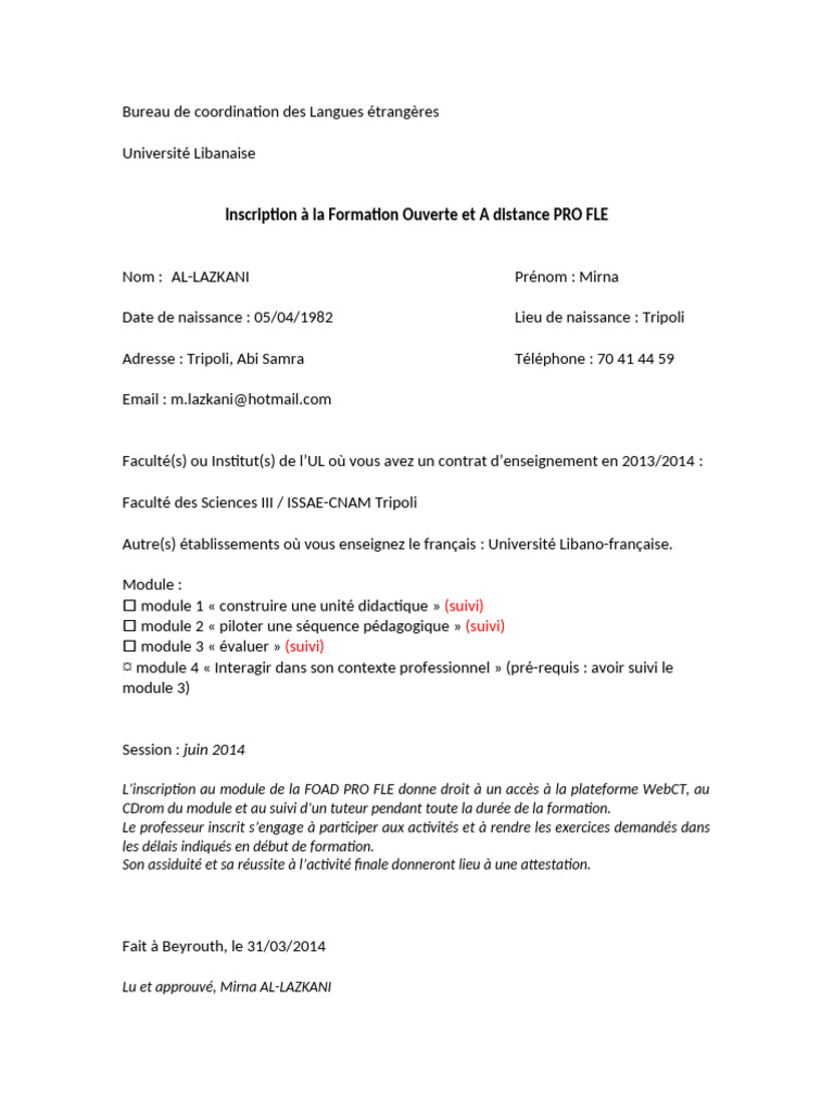 PRO FLE Formulaire Inscription | PDF