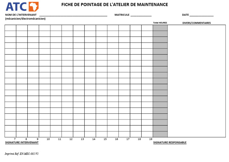 EN-MEC-005 Fiche de Pointage de L'atelier de Maintenance | PDF