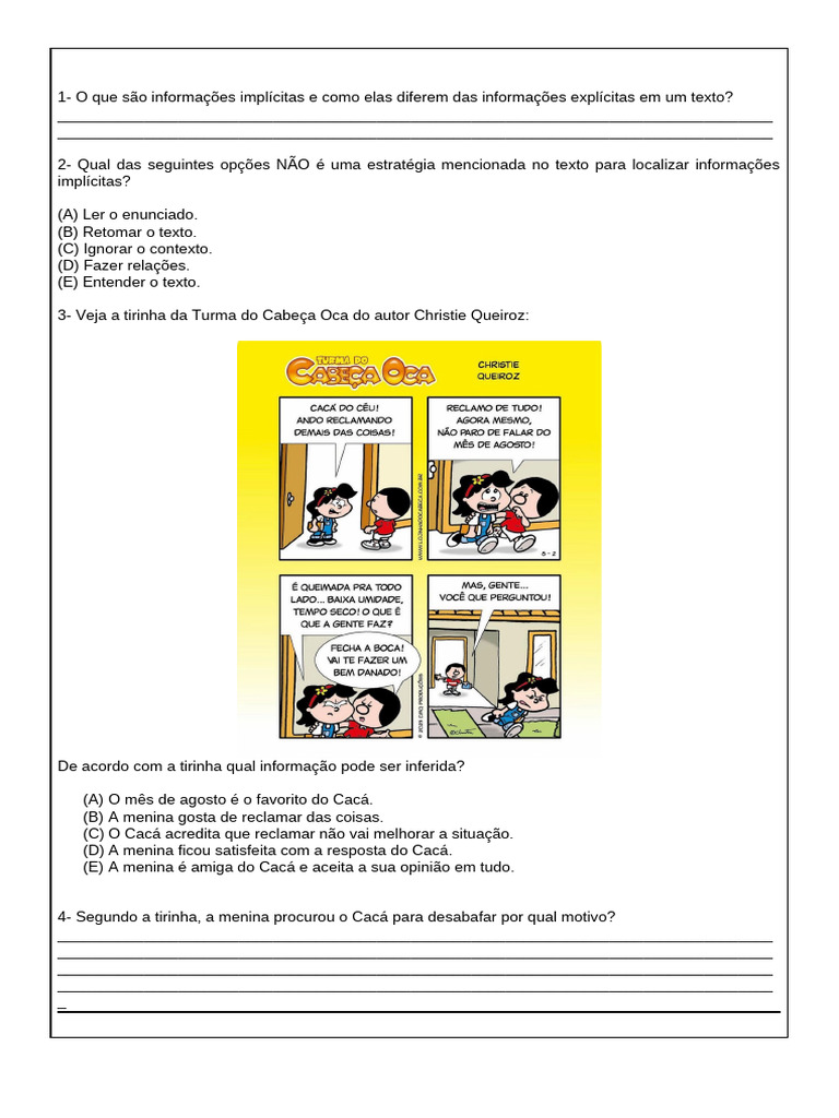 Atividade 4 ANO INFORMACOES IMPLICITAS E EXPLICITAS | PDF