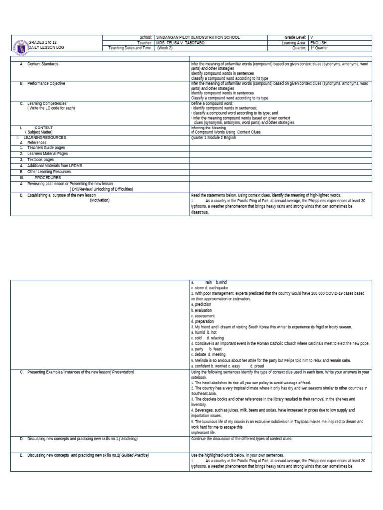 Edited DLL Week 2 Eng V | PDF | Teachers