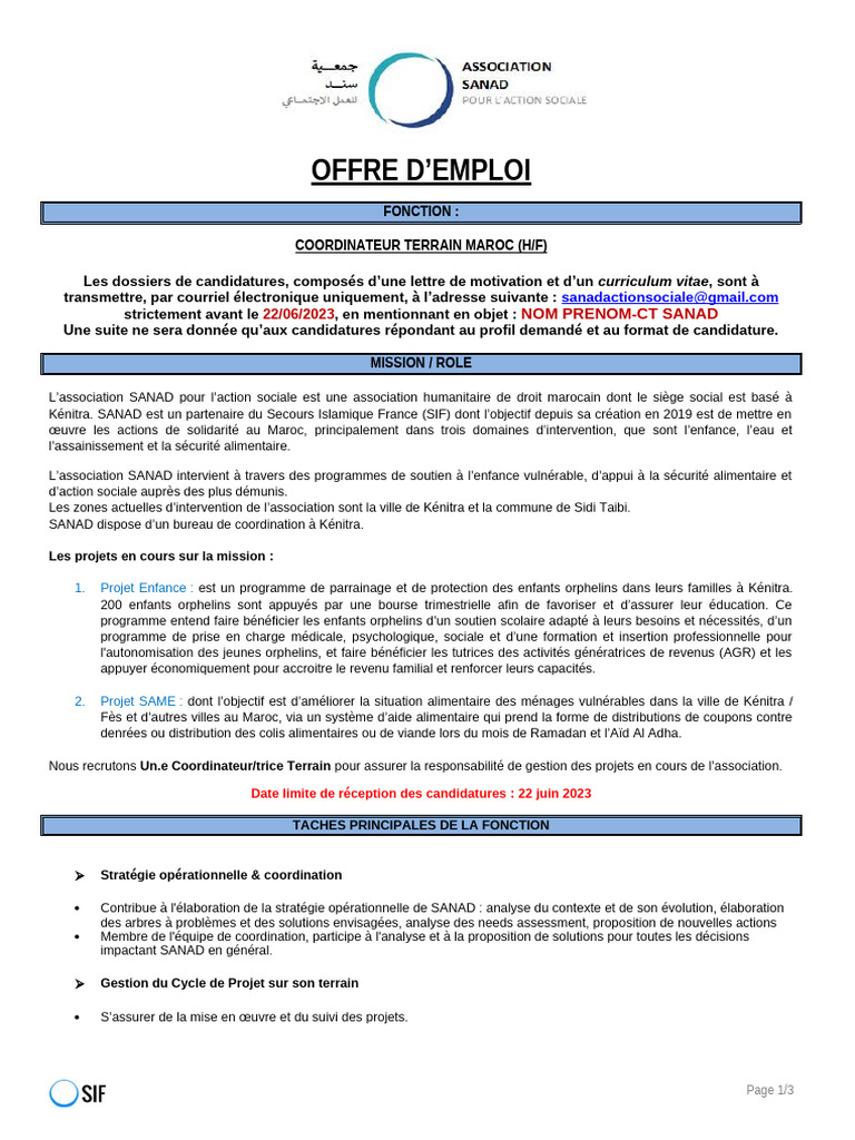 Offre demploi coordinateur terrain maroc 2023 pdf