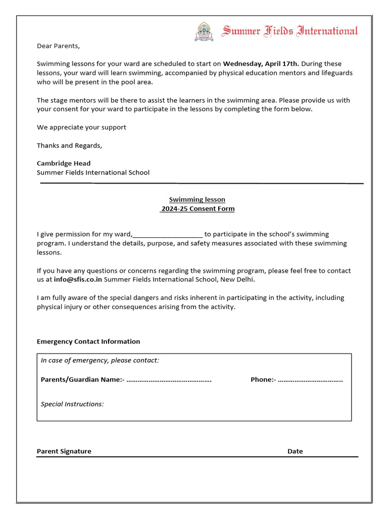 consent form swimming n | PDF