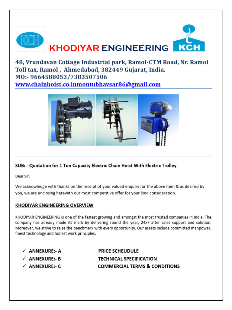 1 Ton Ele. Chain Hoist. WITH ELECTRIC TROLLEY | PDF