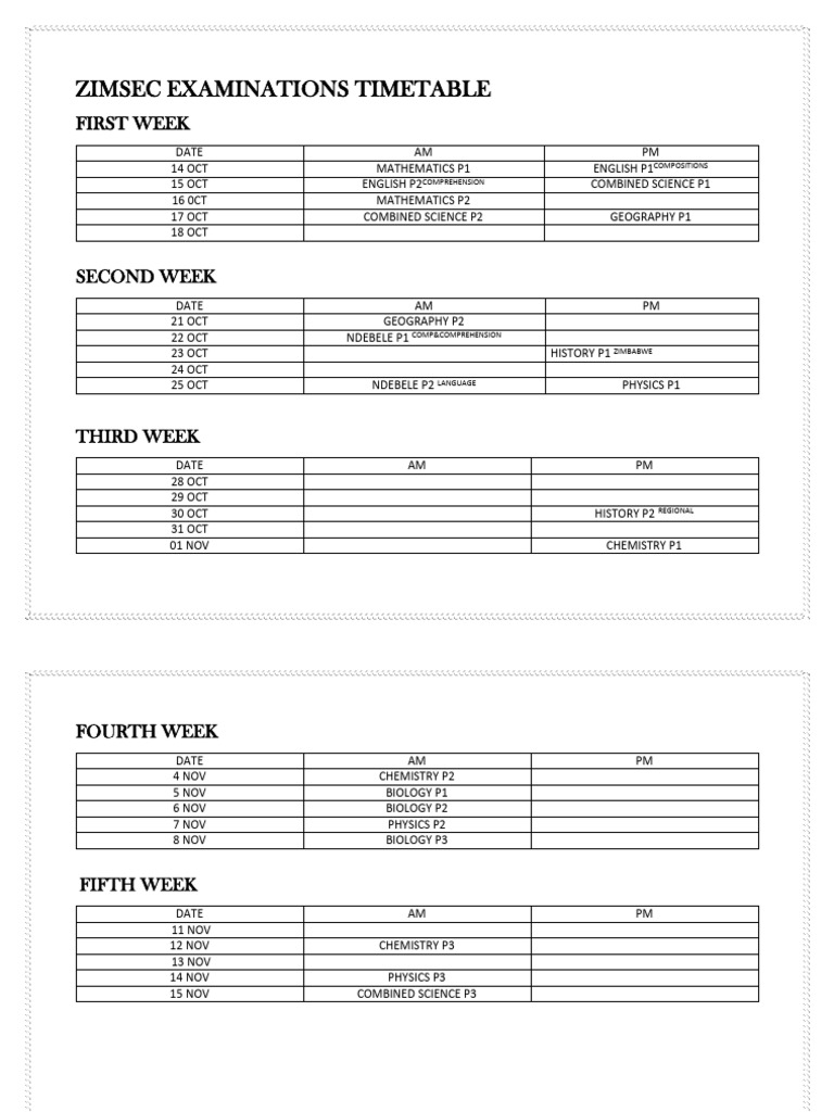 ZIMSEC EXAMINATIONS TIMETABLE PDF