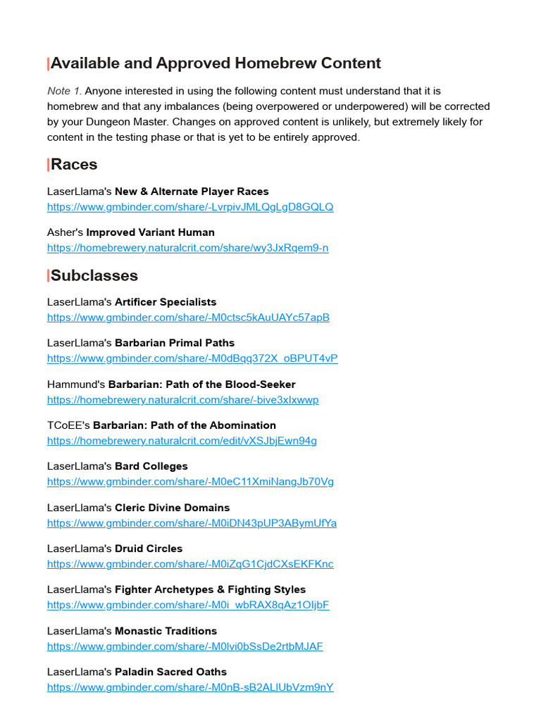 Available and Approved Homebrew Content | PDF
