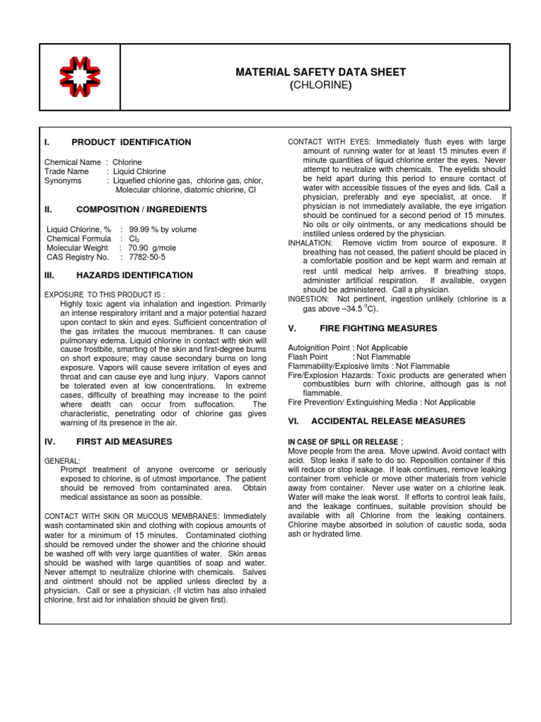 MSDS Cl2 PDF Chlorine Personal Protective Equipment
