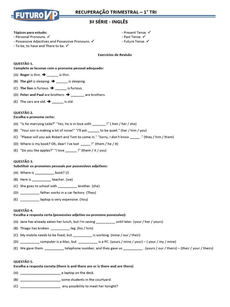 Trabalho de Rec Inglês 1° Tri 3 Série | PDF