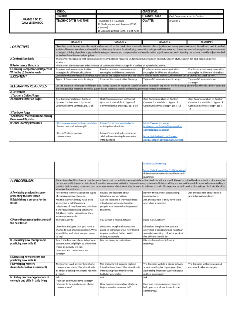 Oral Communication Lesson Plan Pdf Learning Teachers