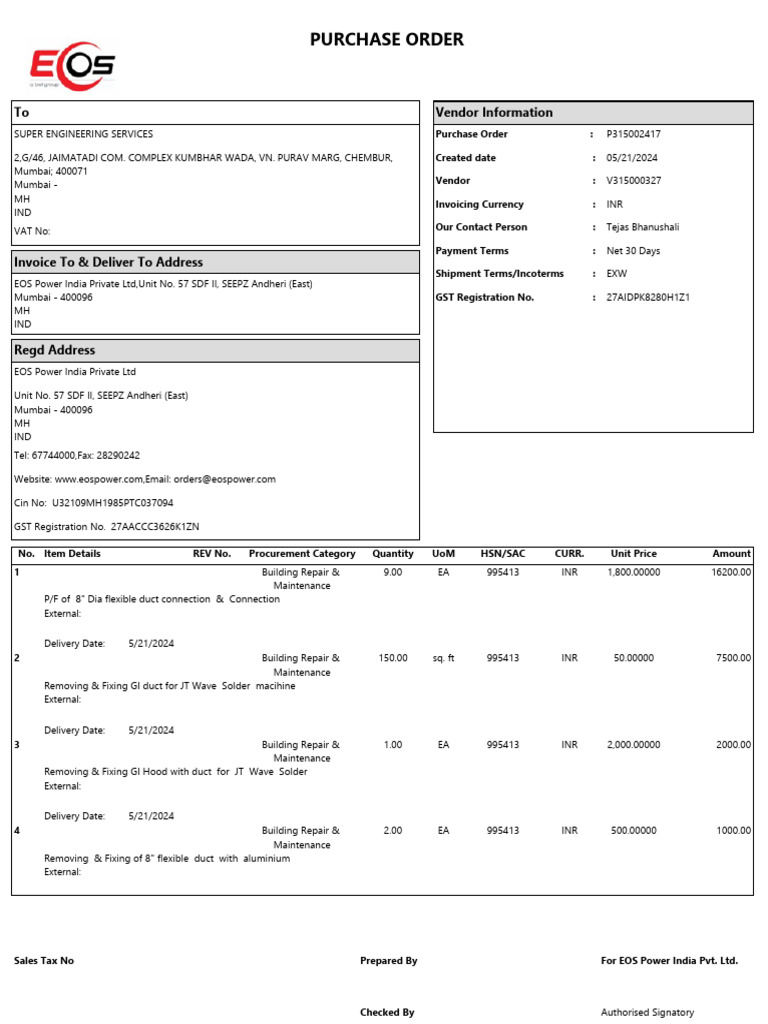 Purchase Order: To Vendor Information | PDF