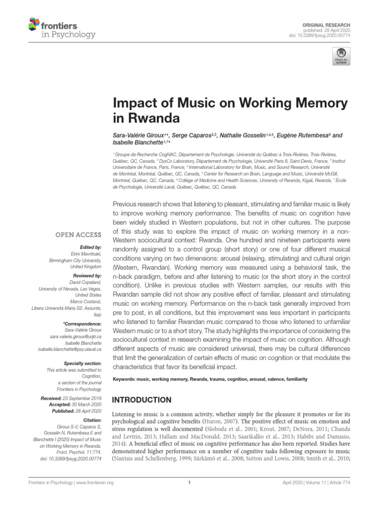 Impact of Music On Working Memory in RwandaFrontiers in Psychology | PDF