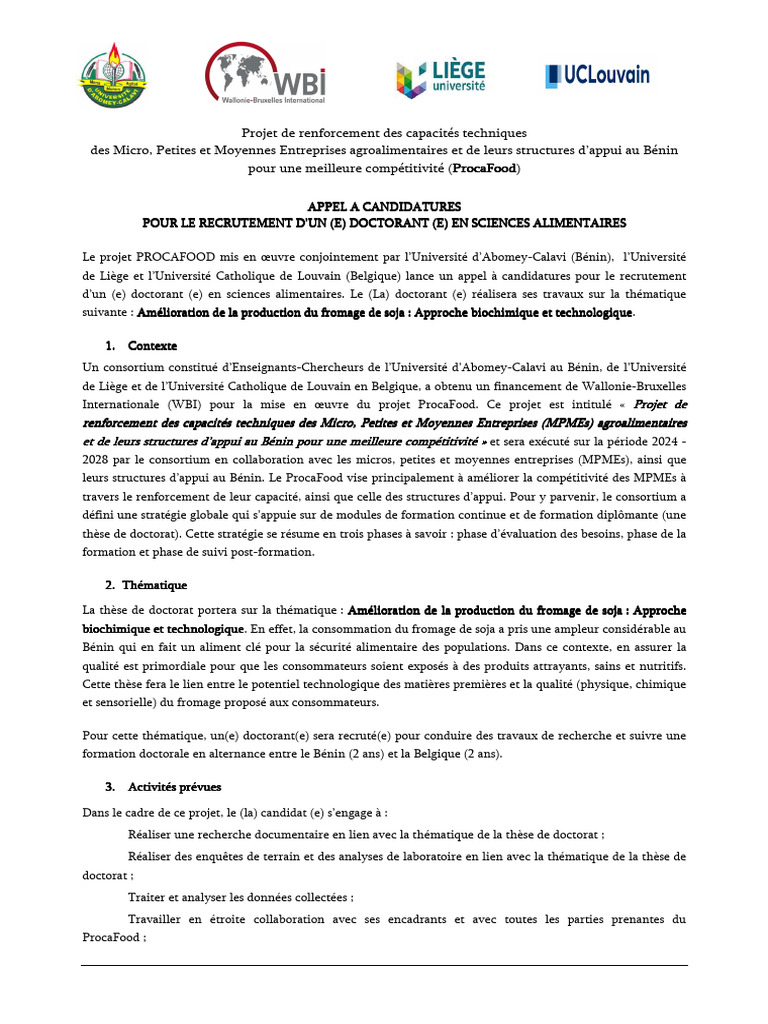Appel à candidatures pour doctorat en agroalimentaire | PDF | Doctorat