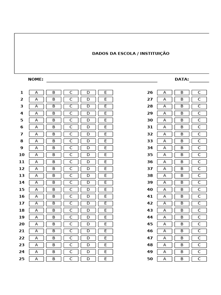Modelo de gabarito com 50 e 100 questoes pdf