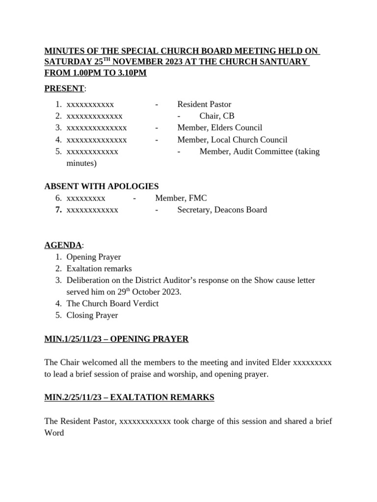 Minutes of The Special Church Board Meeting Held On Saturday 25TH ...