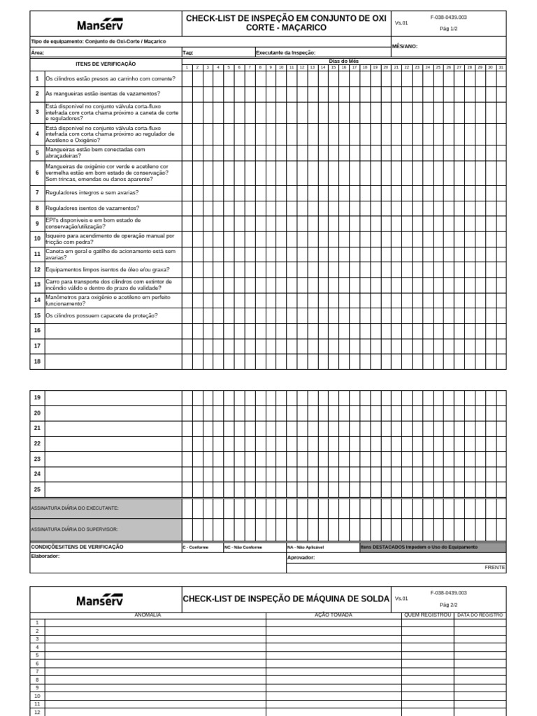 F-038-0439.003 - Check-List de Inspeção de Maçarico Não Validade ...