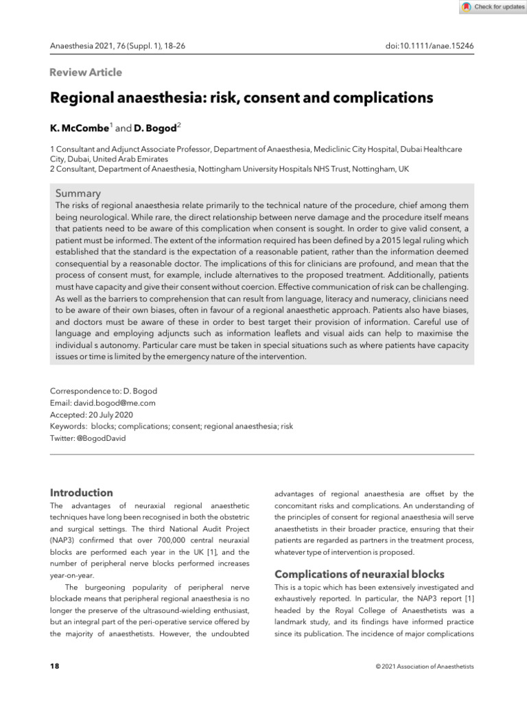 Anaesthesia - 2021 - McCombe - Regional Anaesthesia Risk Consent and ...