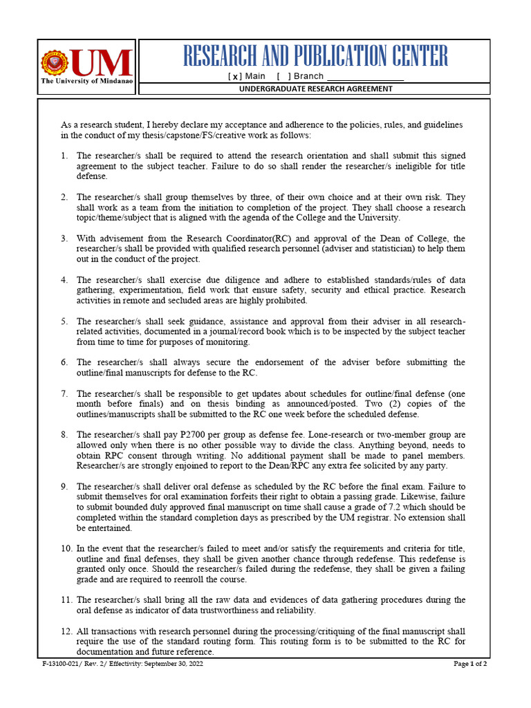 Undergraduate Research Agreement Rev.2 1 | PDF