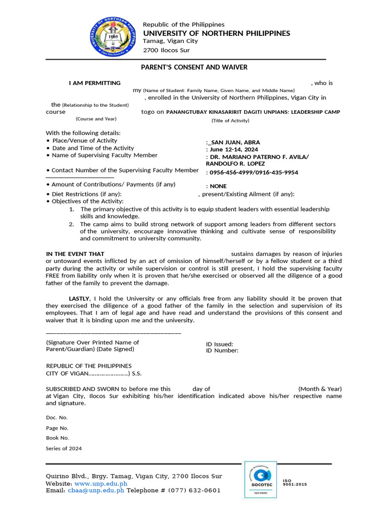 UNP Leadership Camp Parents Consent | PDF