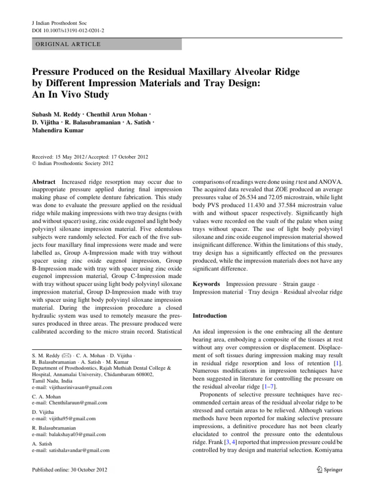 Pressure Produced On The Residual Maxillary Alveolar Ridge in Vivo ...