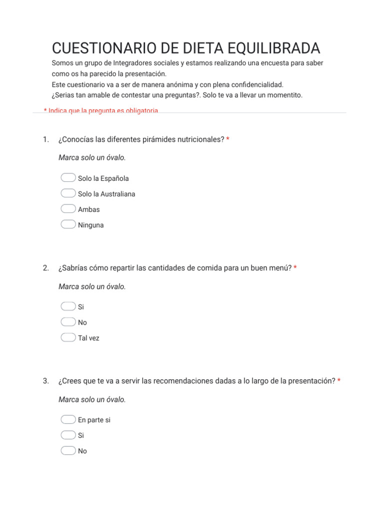 Cuestionario de Dieta Equilibrada | PDF | Dieta | Relaciones personales ...