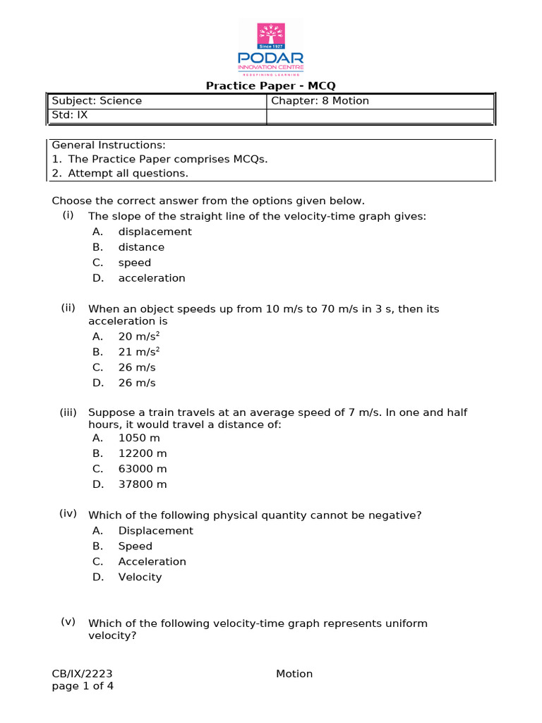 CB - IX - Science - CH 7motion - MCQ | PDF