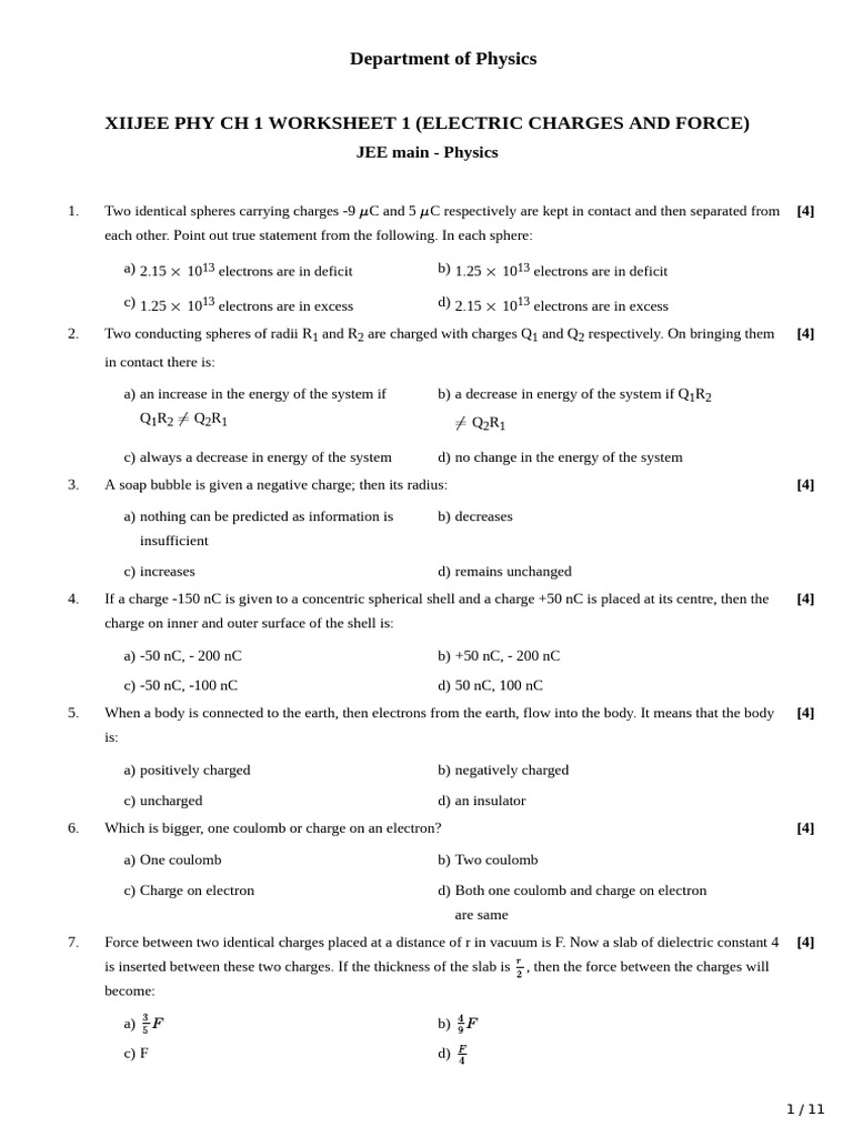 XII JEE Phy CH 1 Work Sheet 1 Electric Charges and Force QP | PDF