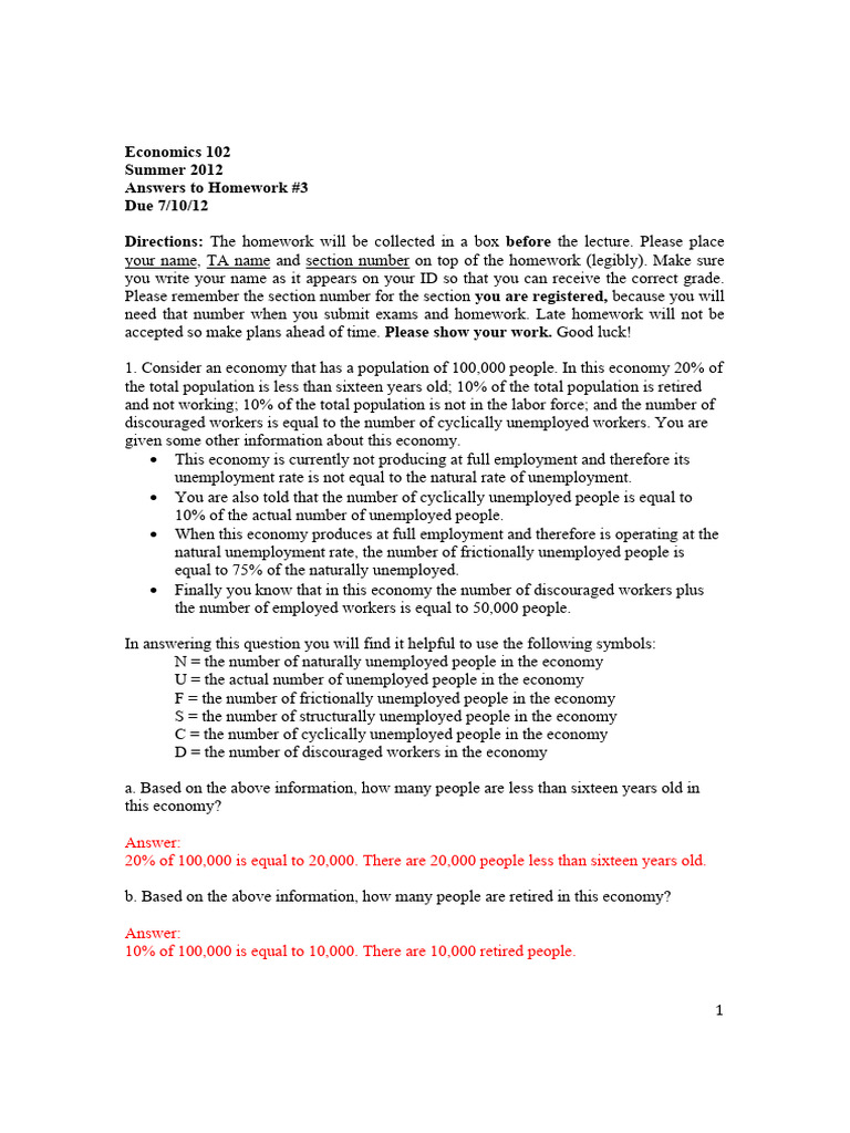 Economics 102 Homework #3 Solutions | PDF | Labour Economics | Unemployment