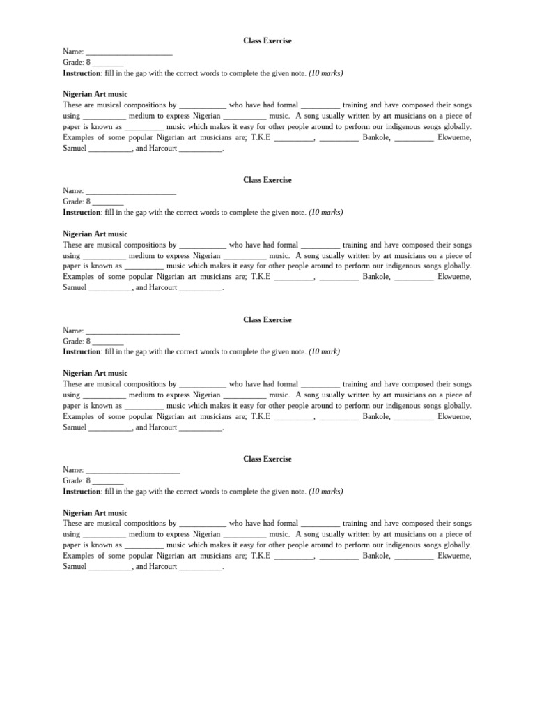 Class Exercise Grade 8 | PDF