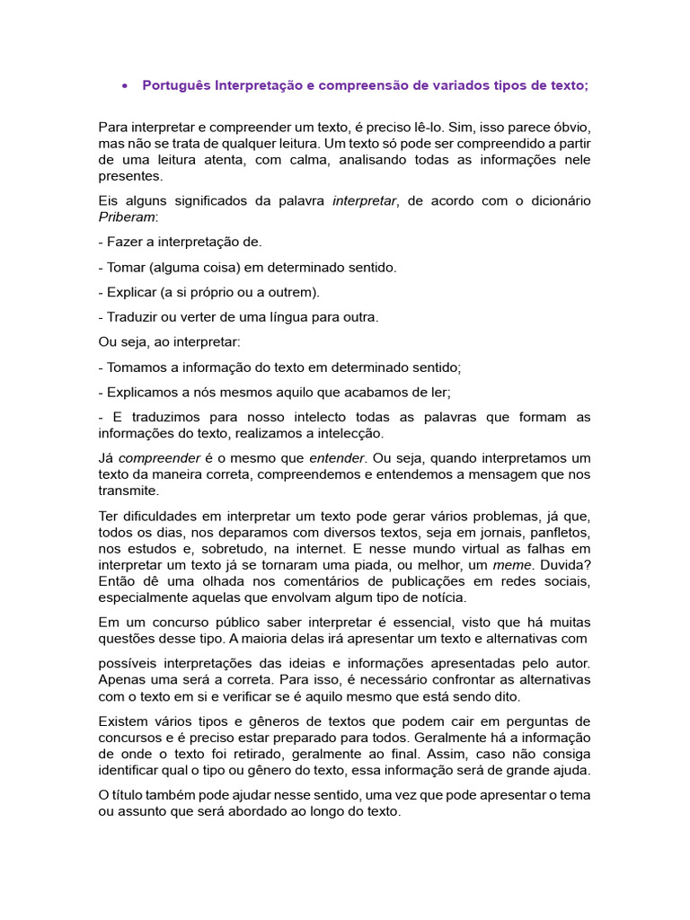 Português Interpretação e Compreensão de Variados Tipos de Texto | PDF